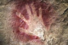 TO GO WITH AFP STORY MUSEUM-SCIENCE-US-PALEONTOLOGY by Virginie MONTET
This Smithsonian National Museum of Natural History handout photo shows a 30,000-year-old handprint from Chauvet Cave in France, made by mixing pigment with saliva inside the mouth and blowing the mixture onto a cave wall, an emblem of the deep history of human creativity. A new exhibition hall dedicated to the discovery and understanding of human origins opens March 17, 2010 at the Smithsonianís National Museum of Natural History in Washington,DC. Based on decades of  cutting-edge research by Smithsonian scientists, the David H. Koch Hall of Human Origins will open to the public in a special preview marking the 100-year anniversary of the museumís official opening on the National Mall. AFP PHOTO/James DiLoreto and Donald Hurlbert, Smithsonian Institution/HANDOUT/RESTRICTED TO EDITORIAL USE/NO SALES (Photo credit should read JAMES DILORETO/DONALD HURLBERT/AFP/Getty Images)